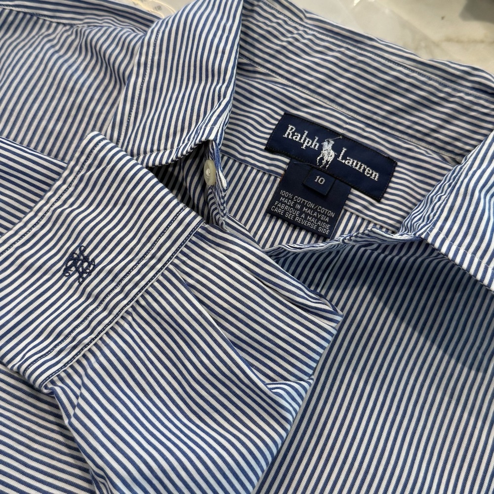 Ralph Lauren Women's 10 Blue White Striped Cotton Shirt Coastal Preppy Americana